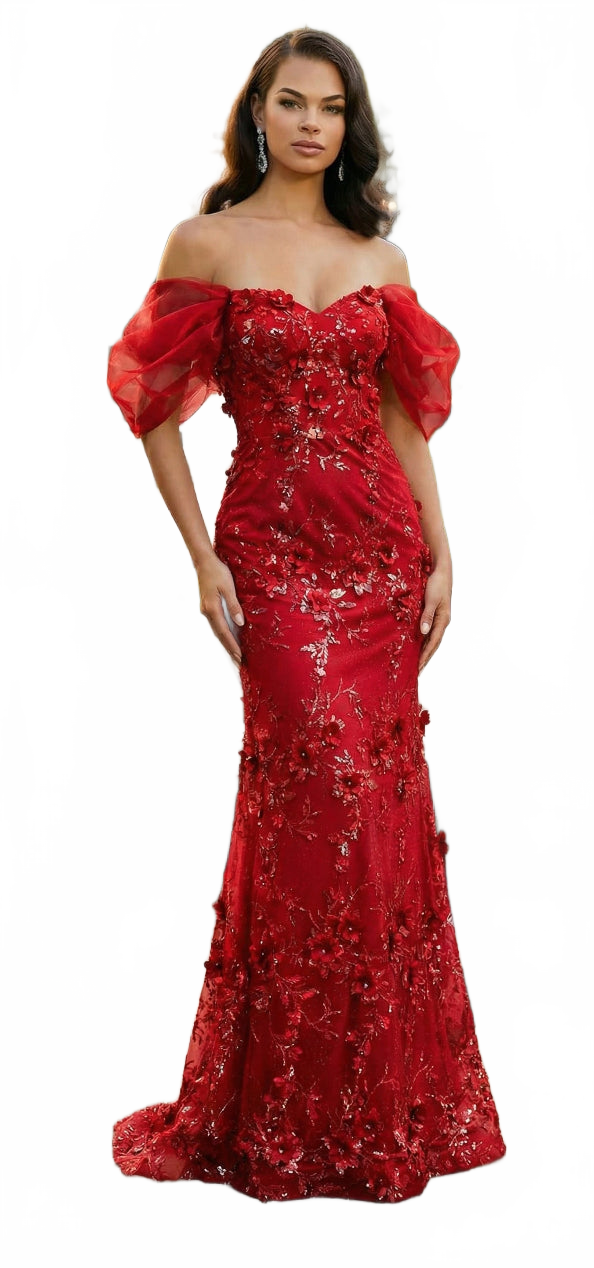 Off Soulder 3D Floral Applique Red Carpet Dress-New Collection