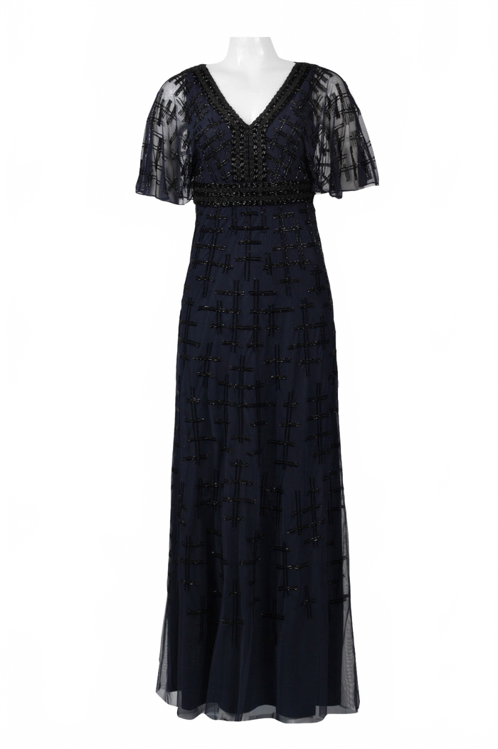 Aidan Mattox MD1E201195 V-Neck Cape Sleeve Embellished A-Line Dress with Beaded Detailing