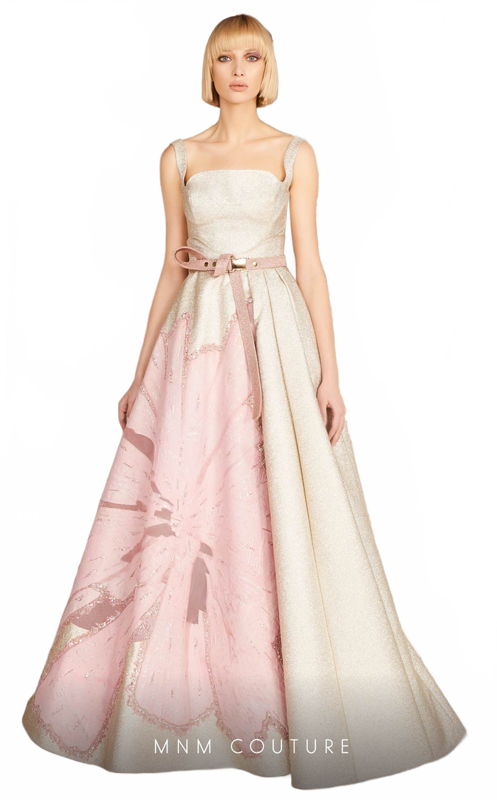 Floral Gold A-Line Gown with Square Neck & Belt by MNM Couture