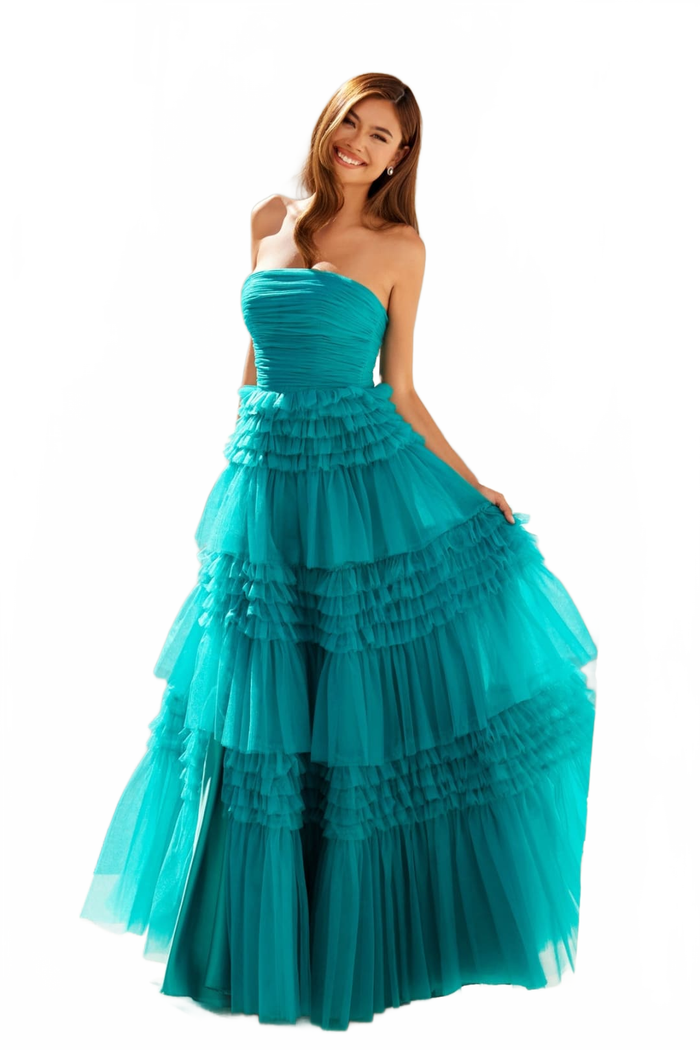 Strapless Tiered A-line Slit Gown by Juliet JT2542S