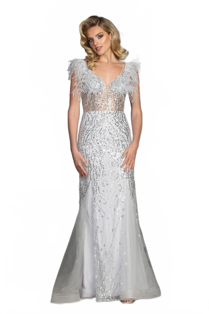 V-Neck Corset Bodice Feather Evening Long Dress