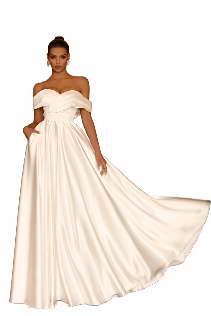 Tina Holly TE207W Wedding A-Line Off-Shoulder Pleated Pockets Satin Dress