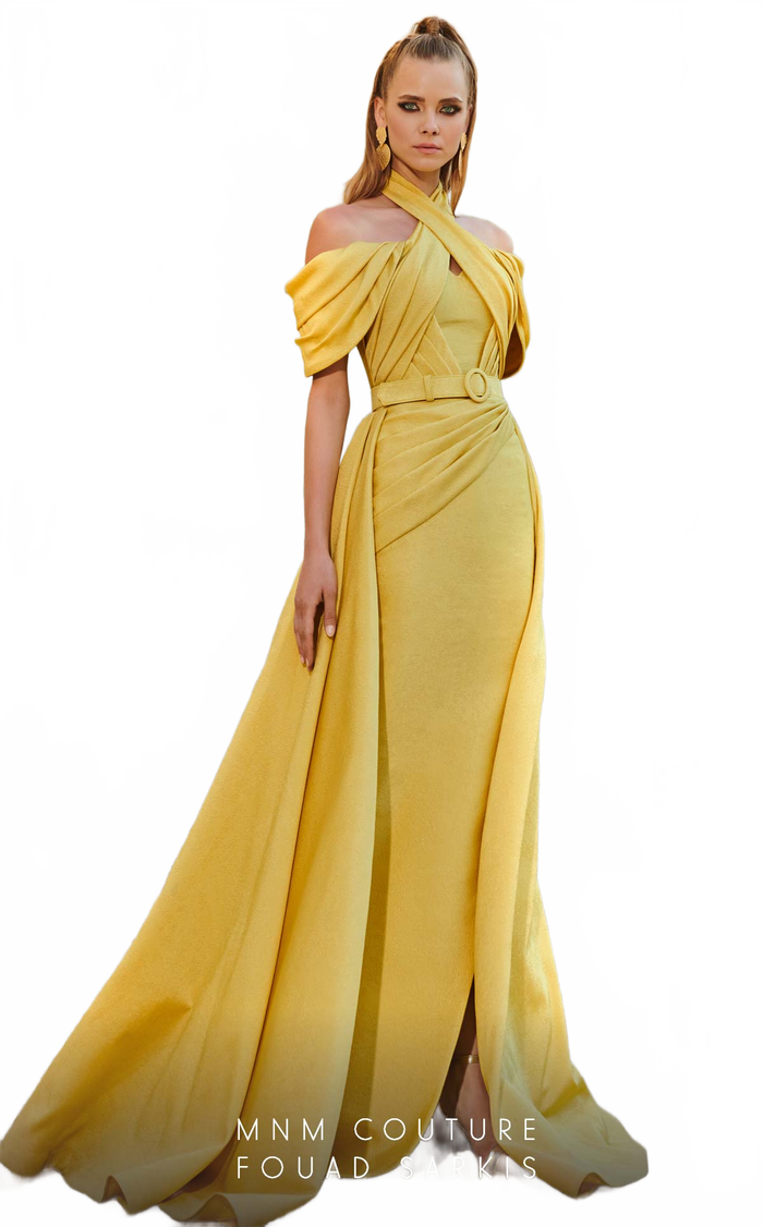 Fouad Sarkis 2776 Off-Shoulder Draped Gown with Belt