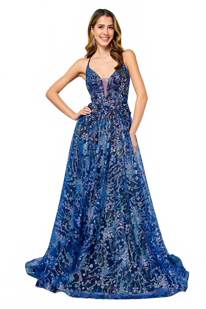 Formal Dress V-Neck Sequin Sleeveless Prom Gown By Amelia Couture 4050