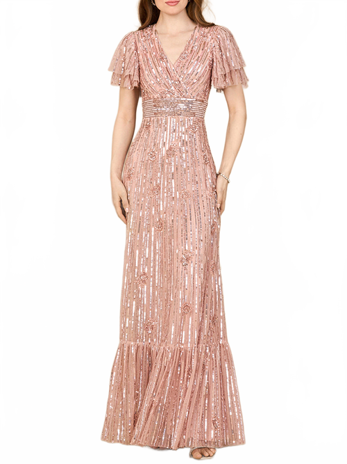Elegant Beaded Gown with Flutter Sleeves