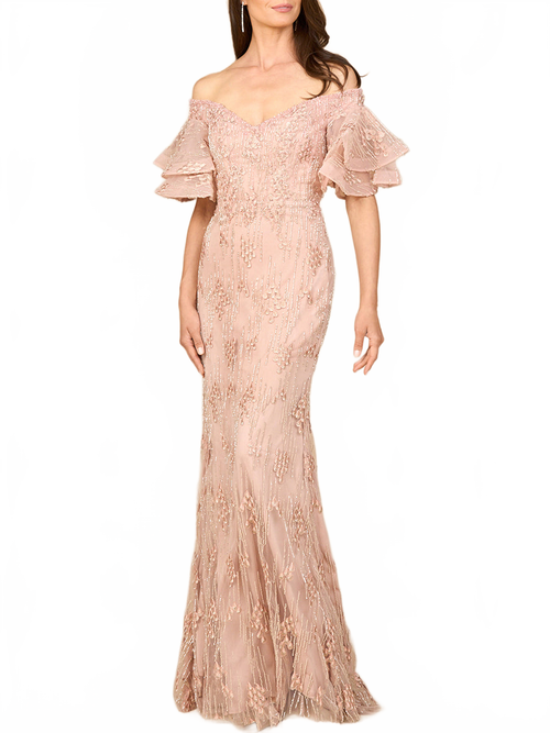 Off Shoulder Mermaid Gown with Tiered Sleeves