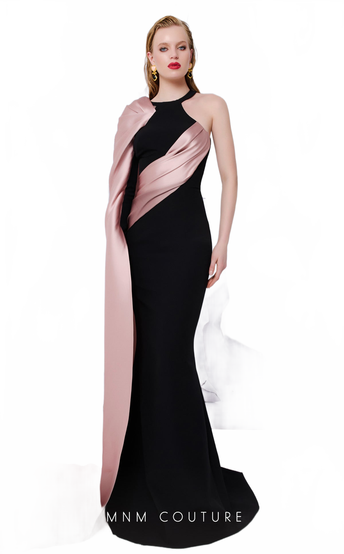 MNM Couture E0072 Black & Blush Draped Satin Gown