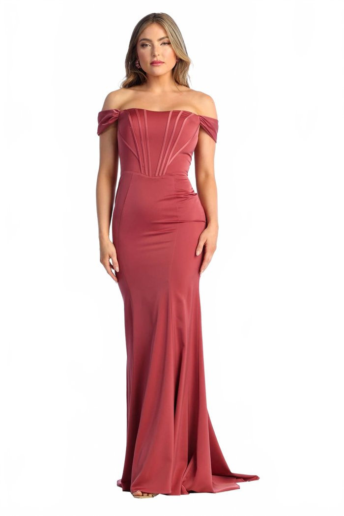Off-Shoulder Corset Bodice Sheath Dress Long Evening Gown with Sweep Train by May Queen MQ1909