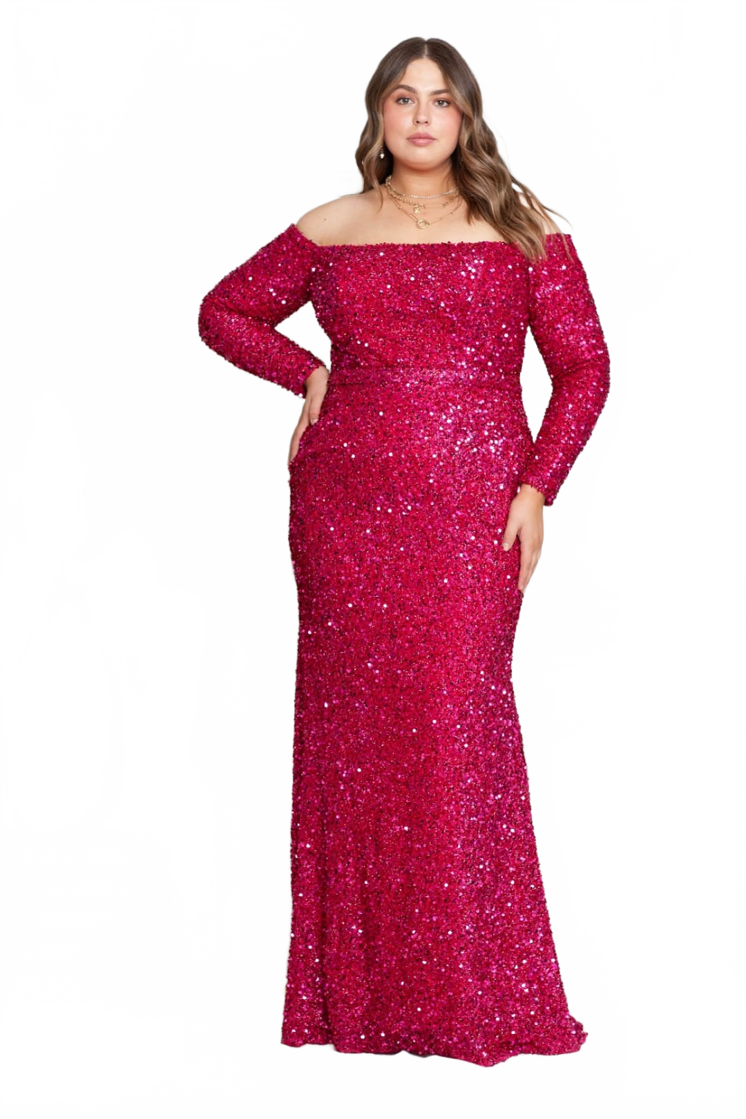 POLY USA W8876 Off Shoulder Sequins Plus Size Evening Gown