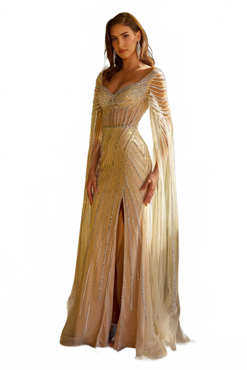Champagne Special Occasion Dress Beaded Prom Gown by GLS Gloria GL3624