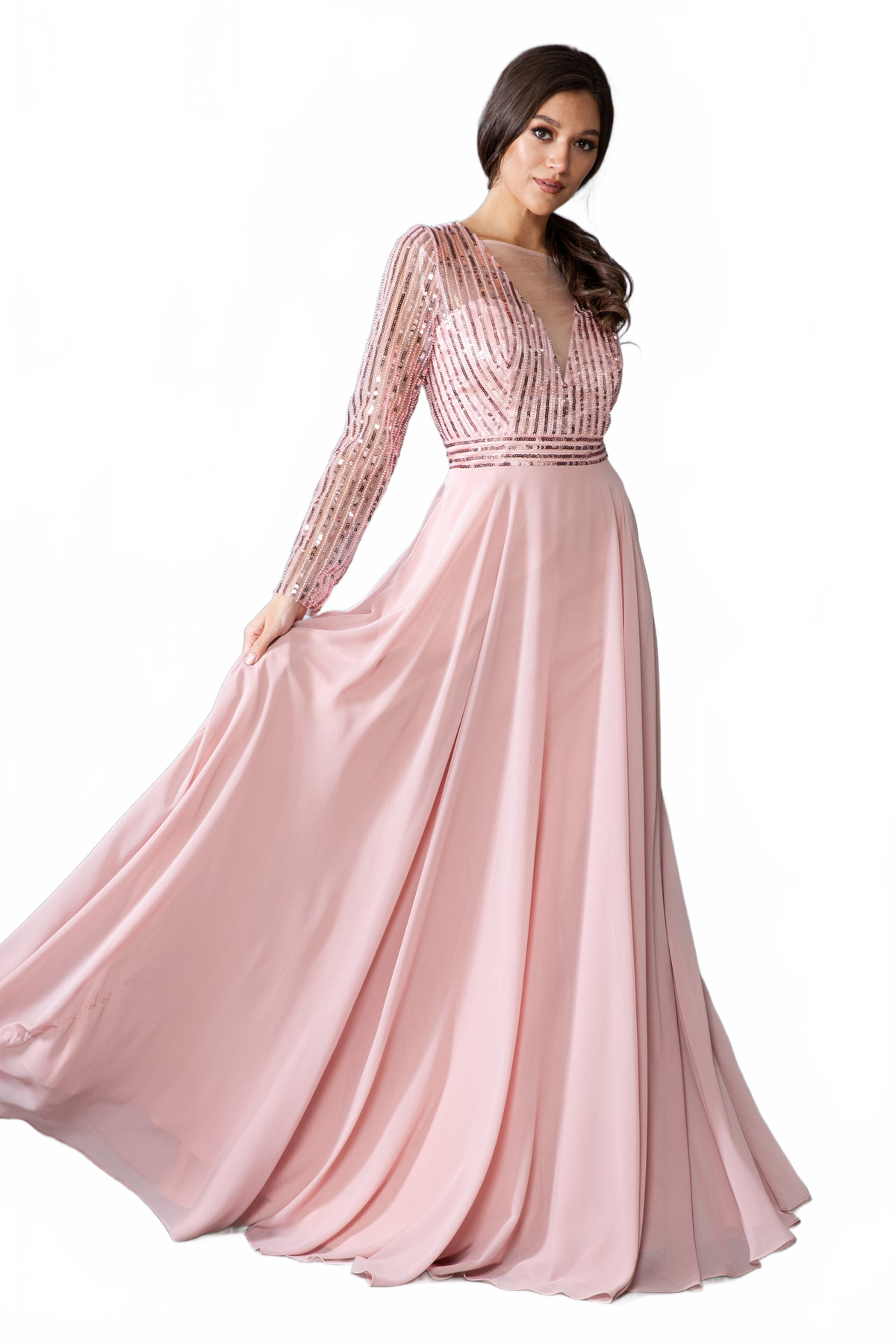 Long Sleeve Sequin Bodice A‑Line Chiffon Evening Dress By Amelia Couture 7036
