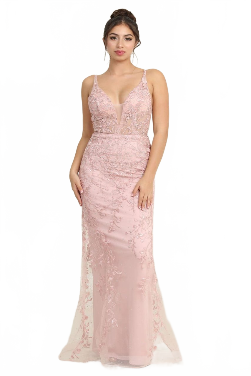 Royal Queen RQ8047 Floral Embroidery Sheath Long Prom Evening Dress