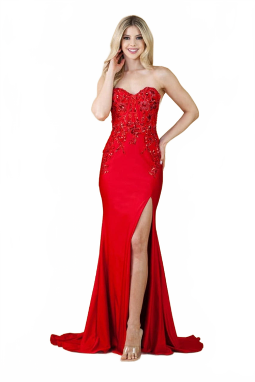 Amelia Couture 7052 Strapless Beaded Embellished Sheer Side Slit Gown