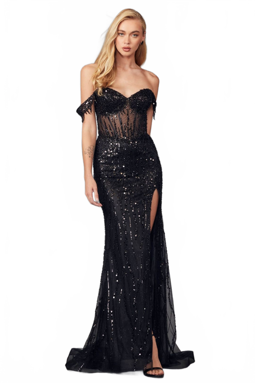 Beaded Fringe Sleeve Prom Gown by Juliet JT2471L