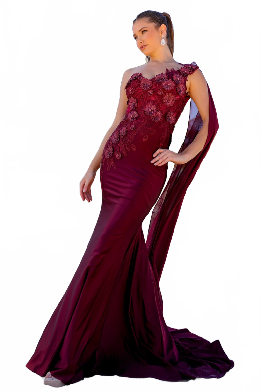 Amelia Couture 388 One Shoulder Cape Long Floral Formal Evening Dress