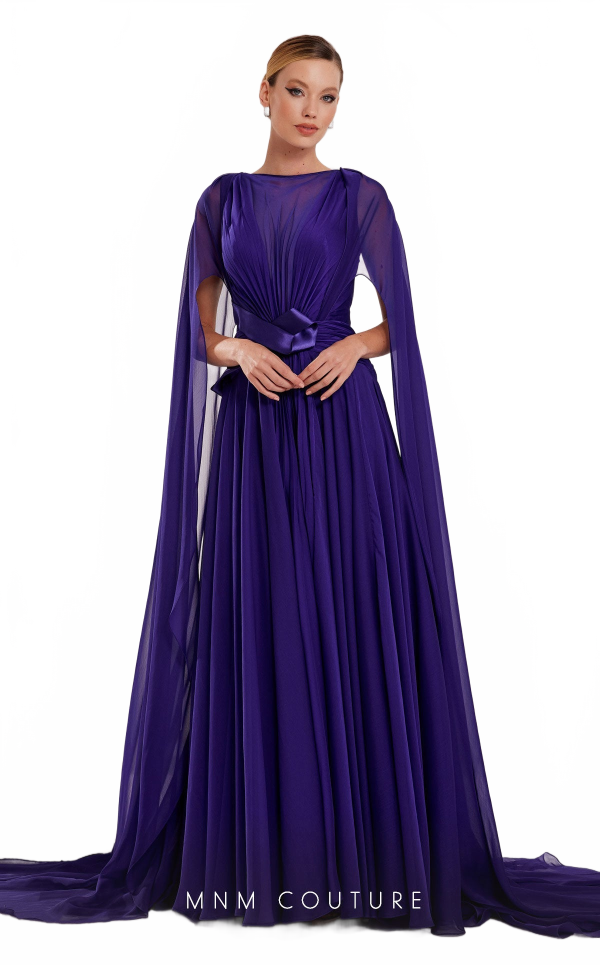 MNM Couture E0061 Coral Pleated Evening Gown with Cape Sleeves