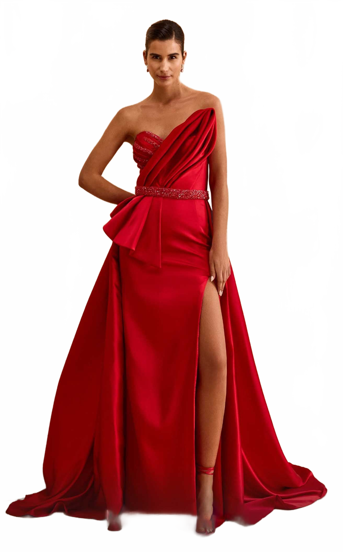 MNM Couture V07353 Strapless Green Draped Gown with Slit