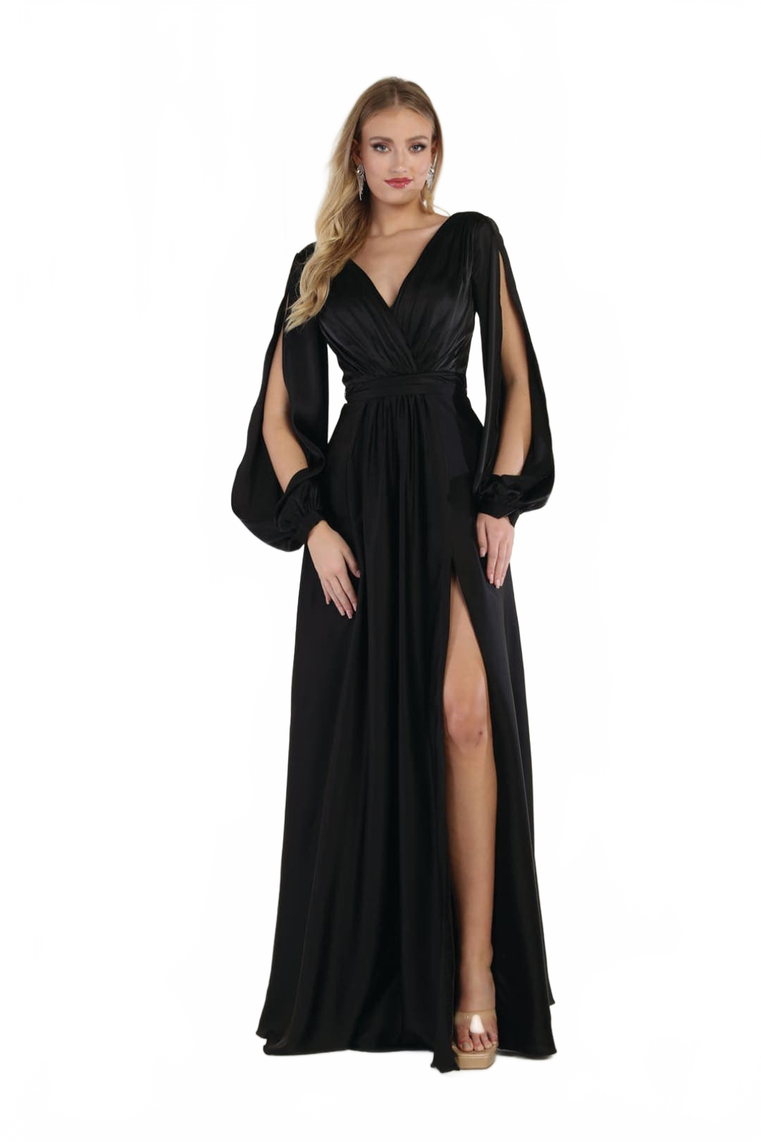 May Queen MQ1857 Split Long Sleeve High Slit Simple Evening Gown