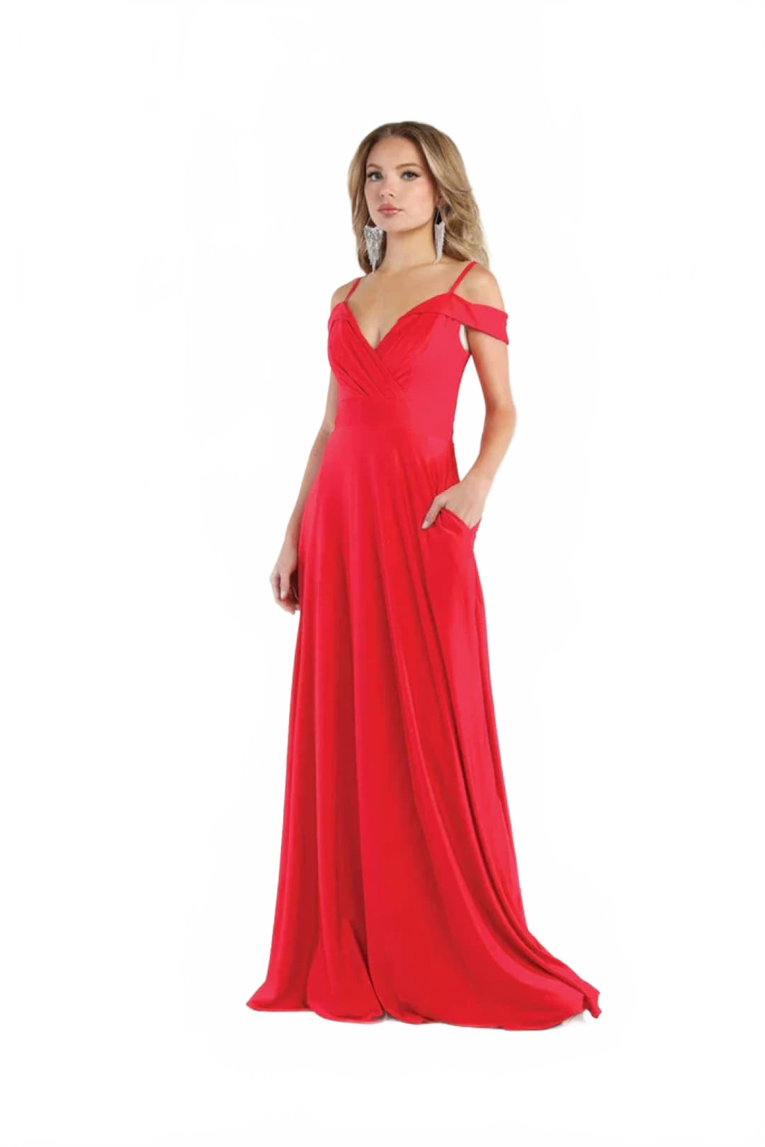 May Queen MQ1988 V-Neck Cold Shoulder Ruched Long A-Line Dress