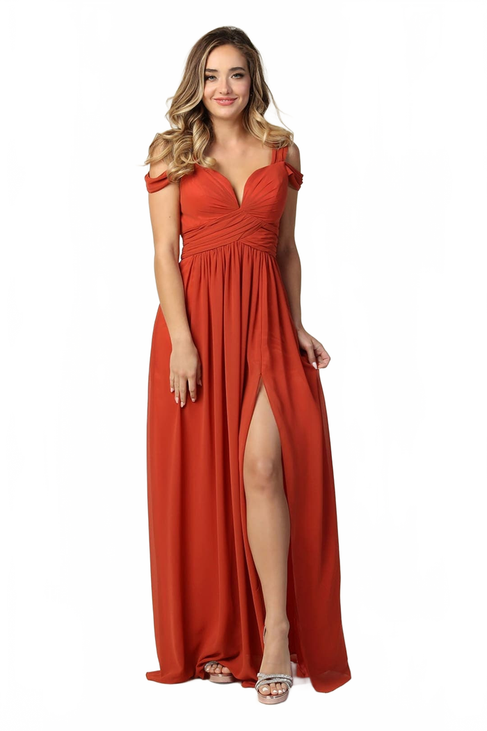 Long Slit Pleated Bridesmaids Cold Shoulder Dress MQ1848