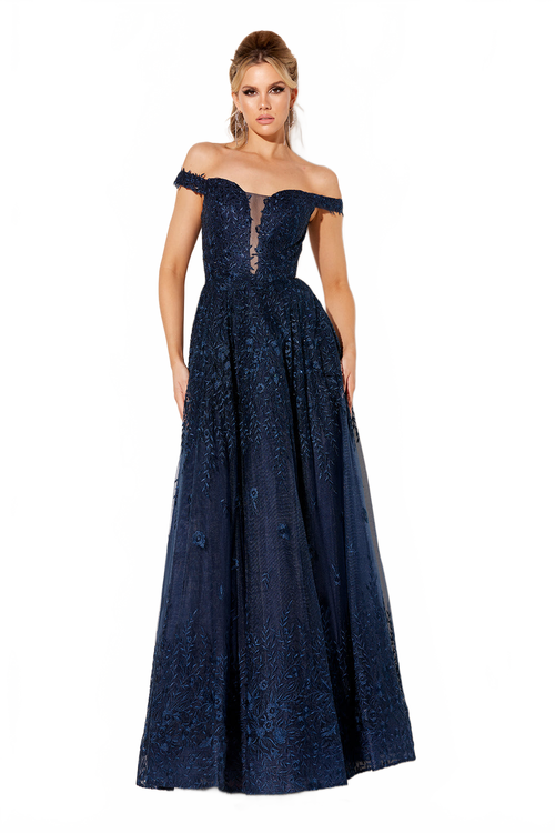 Embroidered Off Shoulder Gown by Lucci Lu C8090