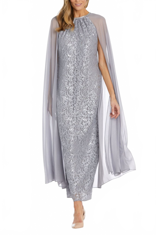 RM Richards 2887 SILVER Sequin Lace Attached Cape Evening Gown