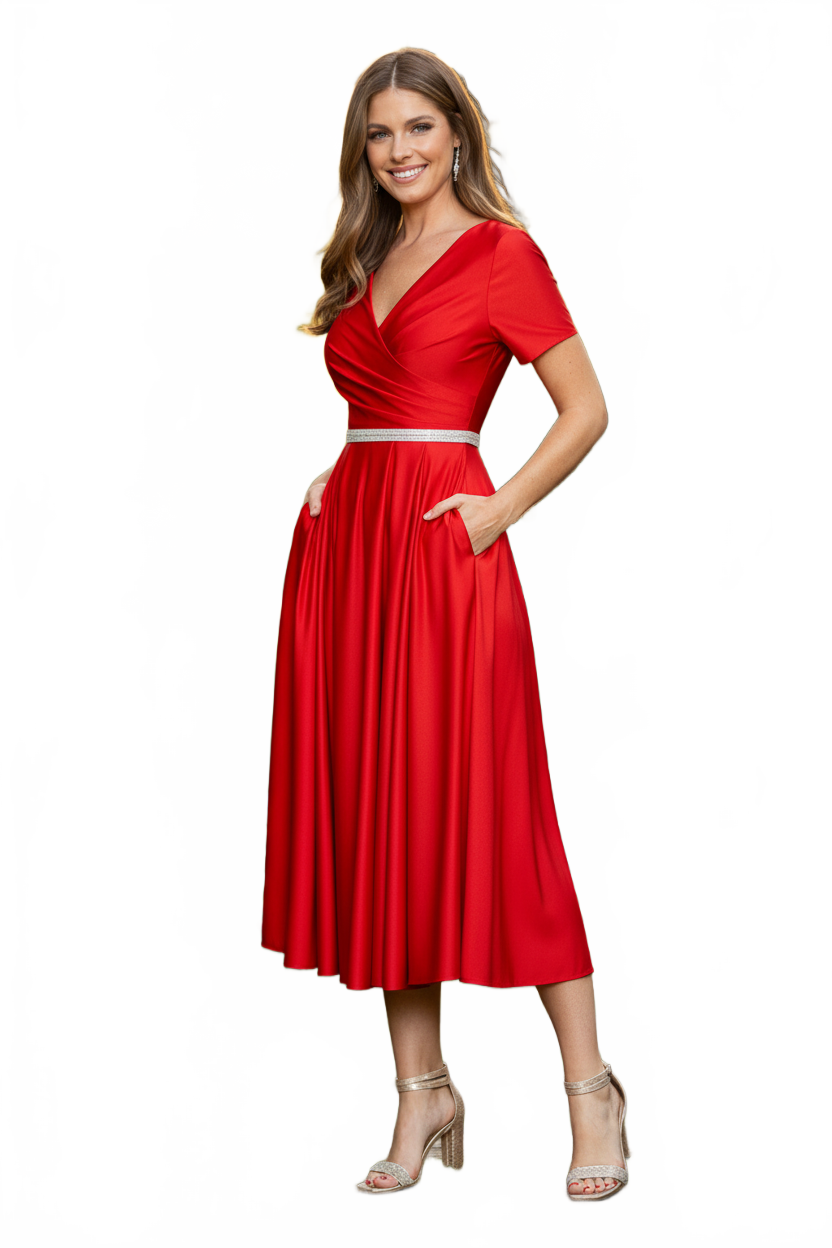 Lenovia 5274 V-Neck Short Sleeve Midi Cocktail Dress with Rhinestone Waist Formal & Wedding Guest Attire