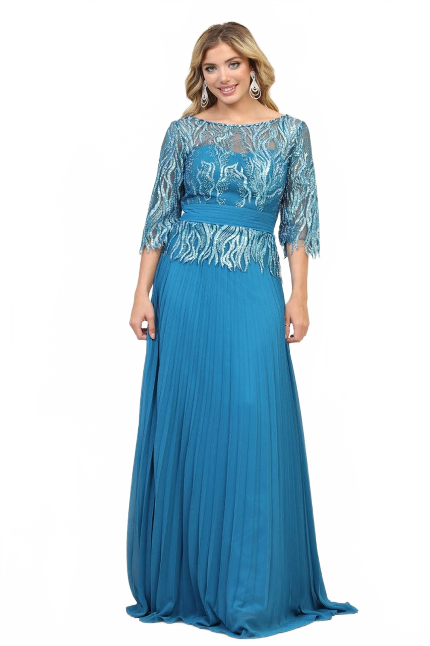 May Queen MQ2007 3/4 Sleeves Rhinestone Beaded Pleated Evening Gown
