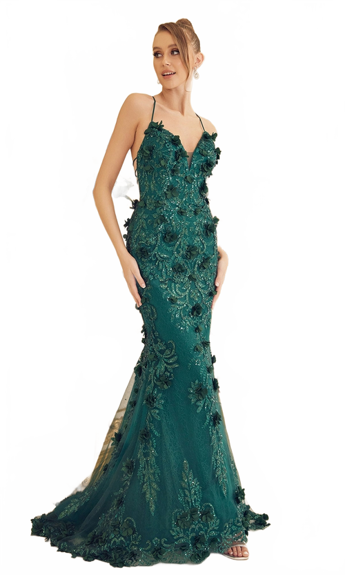 Nox Anabel C1098 Emerald Green Backless Prom Dress with 3-D Flowers