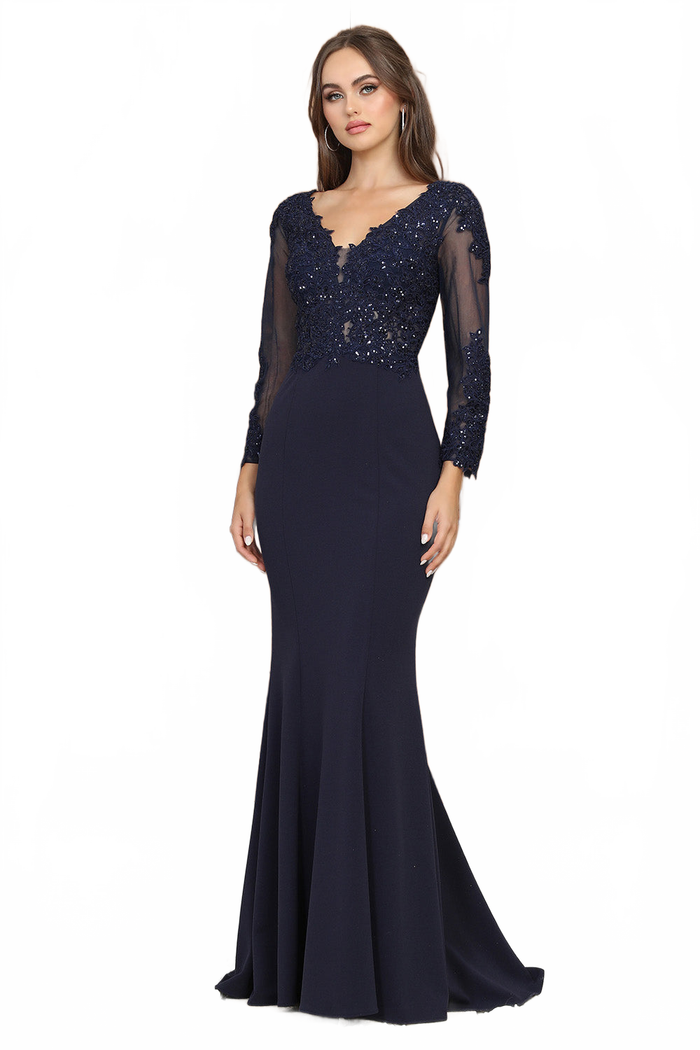 Adora Design 3233 Long Sleeve Lace Applique Fitted Formal Gown