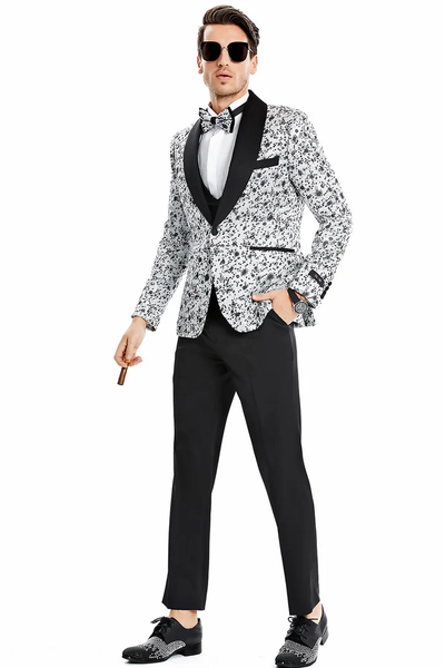 Designer Gray Prom Tuxedo - Grey Wedding Print Prom Tuxedo Suit