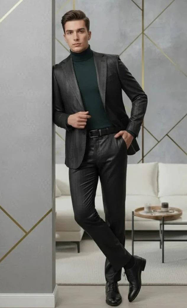 Mens Two Piece Slim Fit Suit One Button Notch Lapel Suit Black by USA Men's Outlet