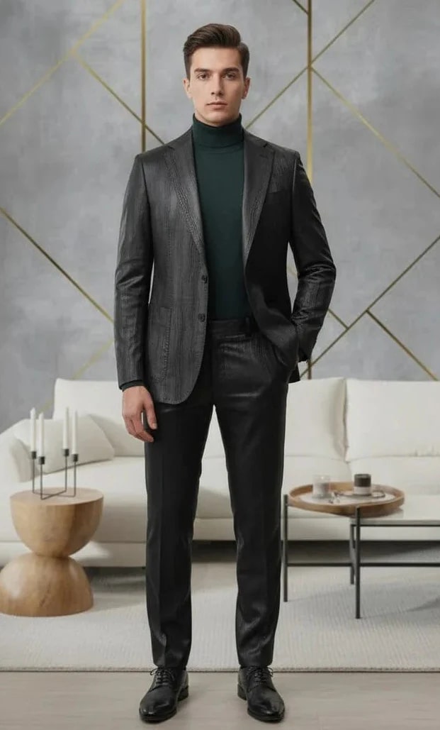 Mens Two Piece Slim Fit Suit One Button Notch Lapel Suit Black by USA Men's Outlet