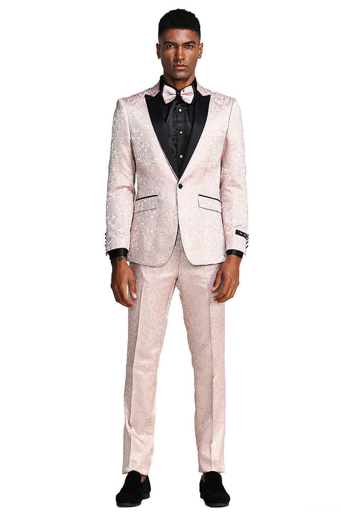 Paisley Wedding Tuxedo - Men's Slim Fit One Button in Blush Pink by Tazzio