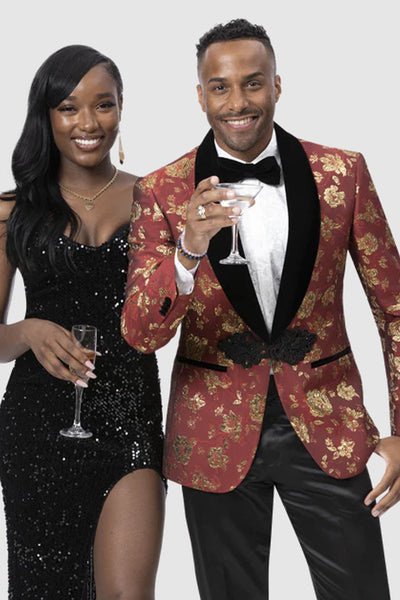 Men's Gold & Red Paisley Tuxedo Jacket - Shiny Prom Smoking Suit Red And Gold Prom Dress by EJ Samuel