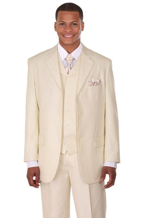 Mens 3 Button Vested Shiny Sharkskin Narrow Pinstripe Suit in Ivory Cream by Fortino Landiin