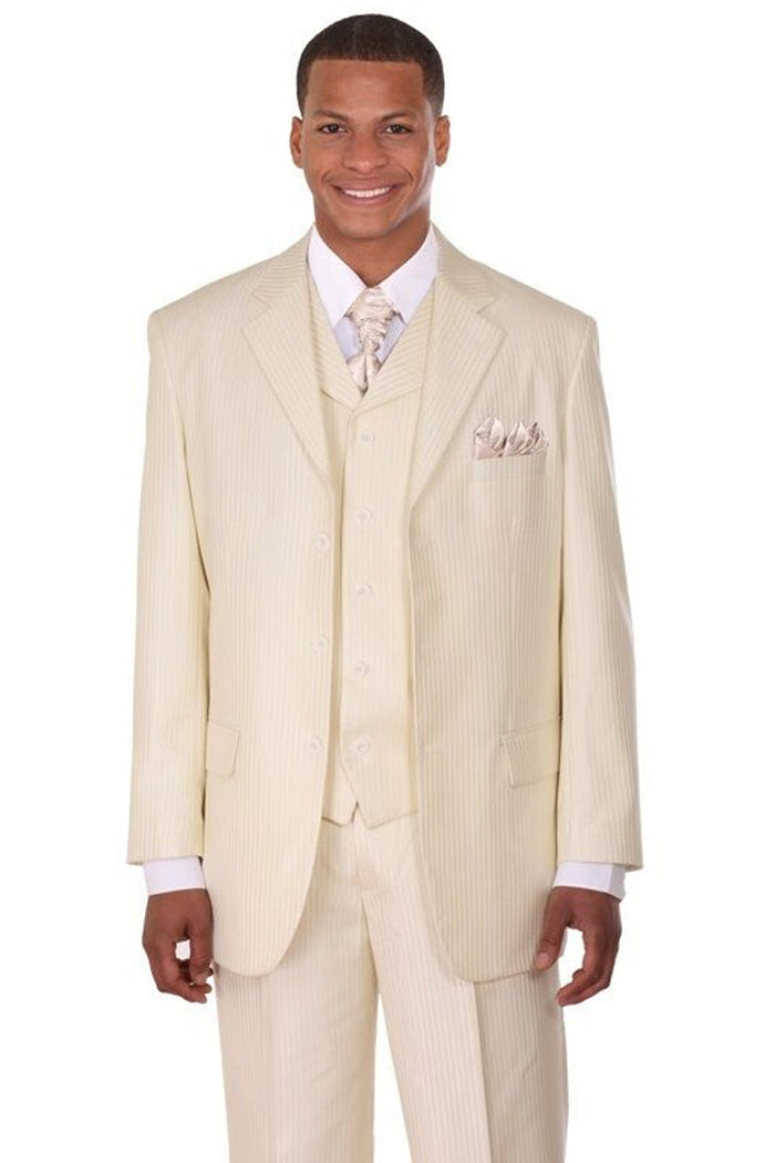 Mens 3 Button Vested Shiny Sharkskin Narrow Pinstripe Suit in Ivory Cream by Fortino Landiin