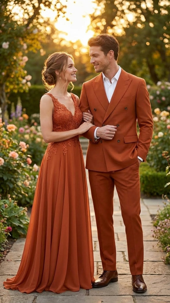 Vitali Brand Men’s Burnt Orange Double Breasted Suit - in Rust Brick Copper Color USA Men's Outlet