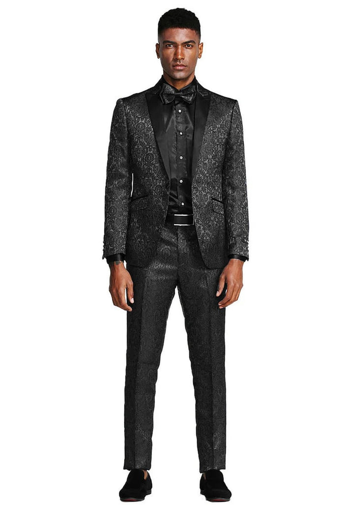 Black Prom Suit - Men's One Button Slim Fit Paisley Wedding & Prom Black Tuxedo