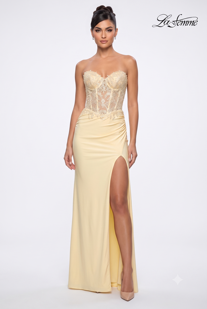 La Femme 33526 Beaded Lace Illusion Sweetheart Gown