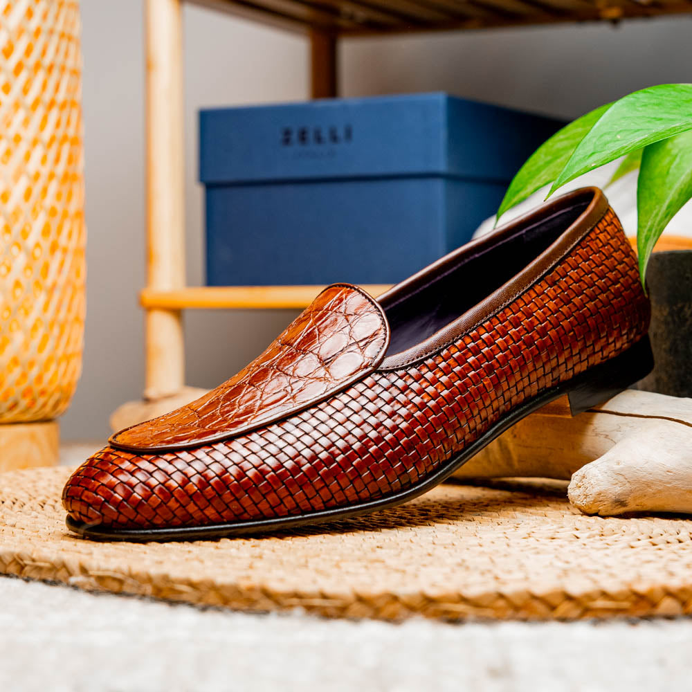 Zelli Palio Crocodile and Calfskin Basketweave Loafer in Cognac