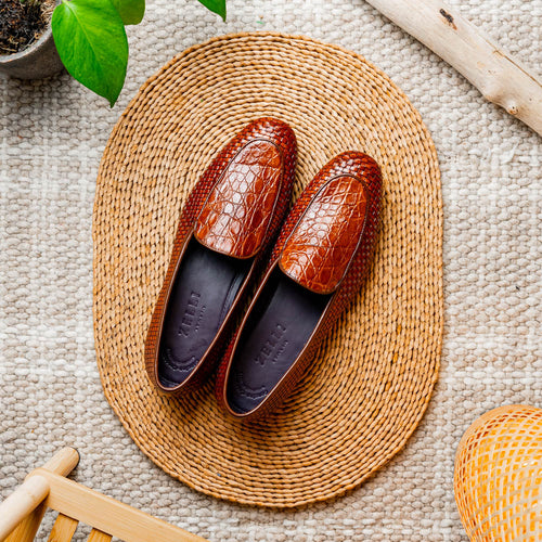 Zelli Palio Crocodile and Calfskin Basketweave Loafer in Cognac