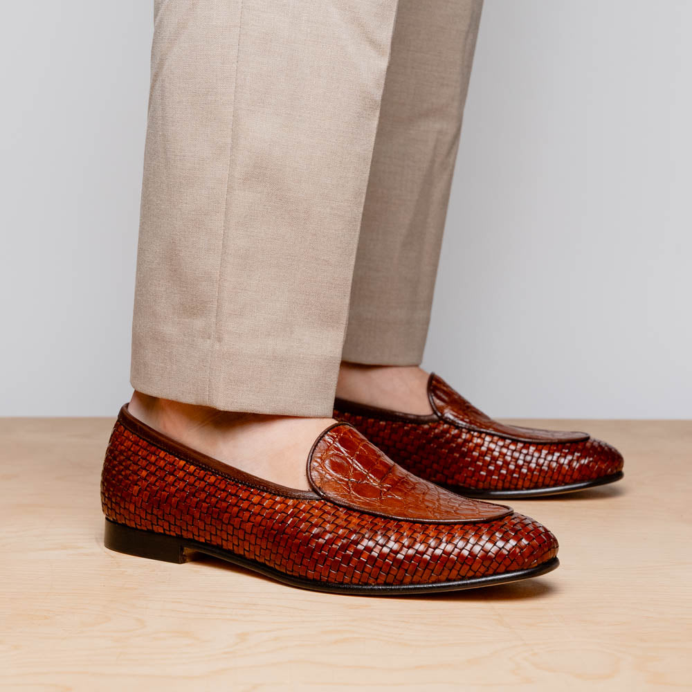 Zelli Palio Crocodile and Calfskin Basketweave Loafer in Cognac