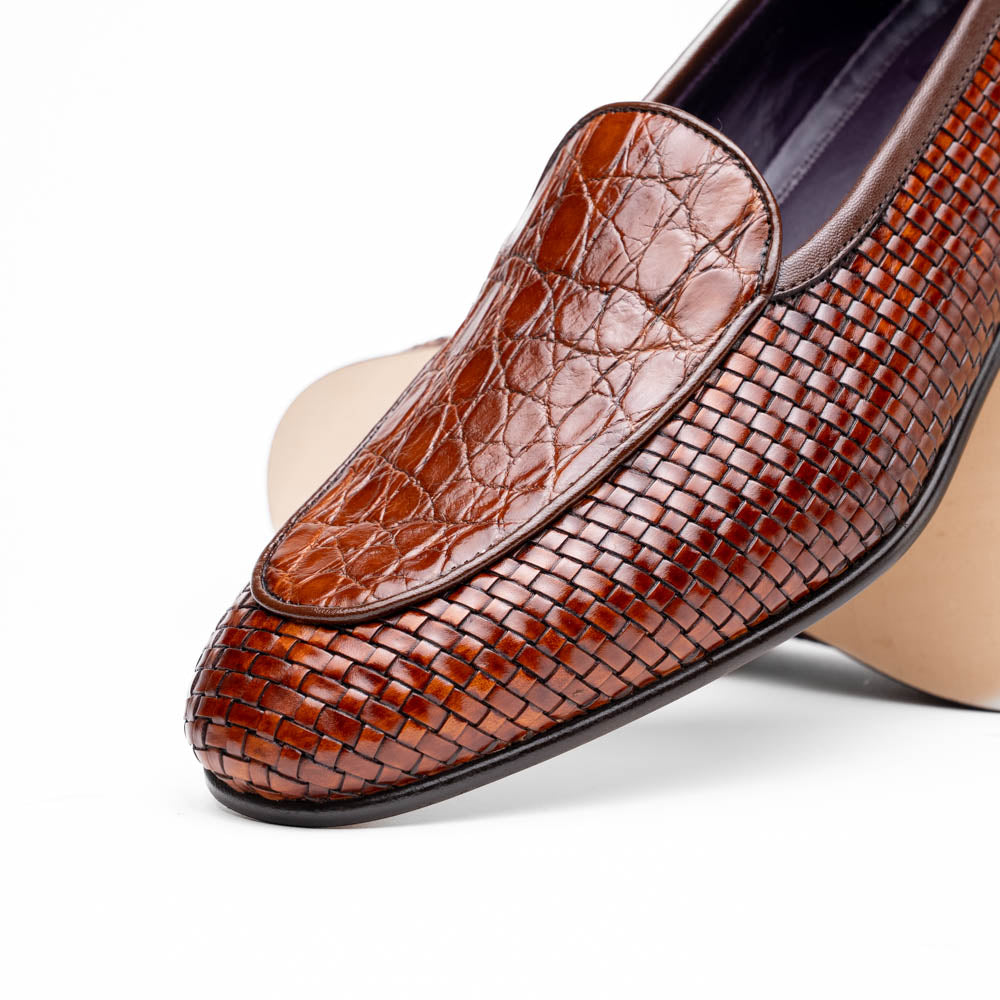 Zelli Palio Crocodile and Calfskin Basketweave Loafer in Cognac