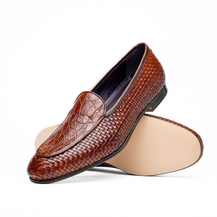 Zelli Palio Crocodile and Calfskin Basketweave Loafer in Cognac