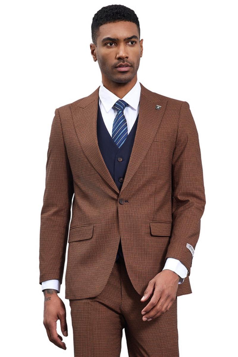 Men's Stacy Adams One Button Peak Lapel Vested Micro Check in Cognac Brown with a Navy Vest – SuitUSA