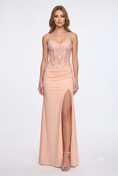 La Femme 33526 Beaded Lace Illusion Sweetheart Gown