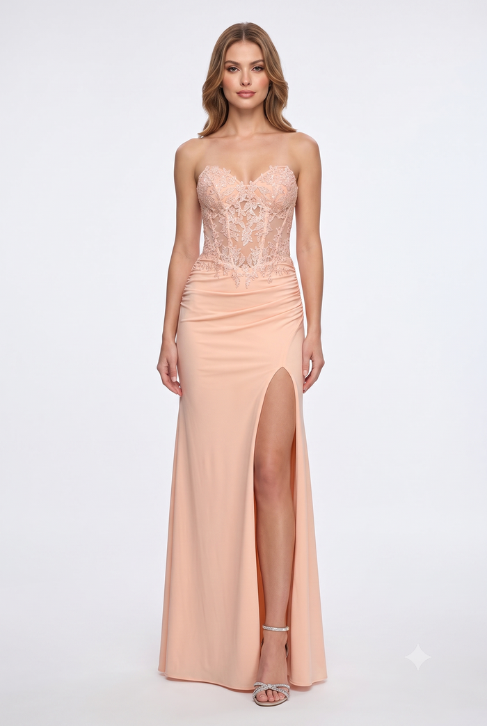 La Femme 33526 Beaded Lace Illusion Sweetheart Gown