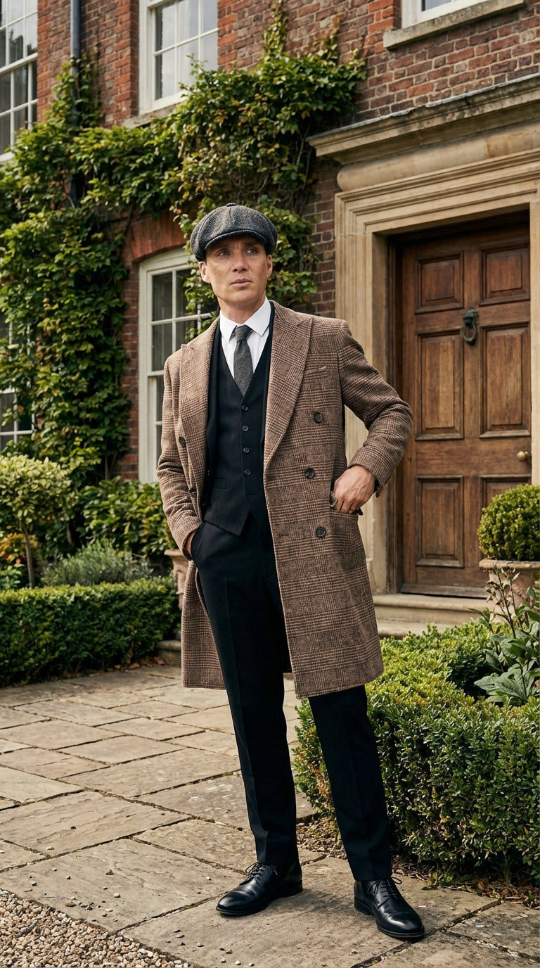 Mens Peaky Blinders Gray Plaid Double Breasted Overcoat + Suit  Peaky Blinders Vintage Wool Blend Coat 1920s