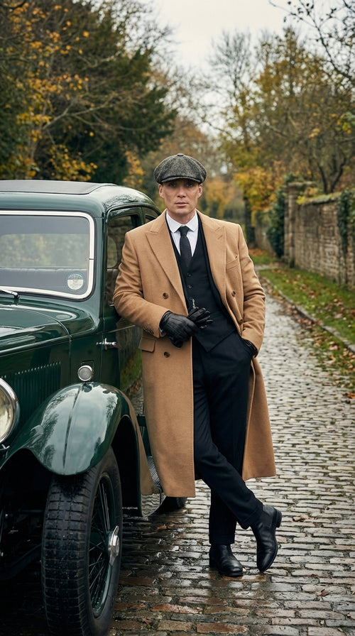 Mens Camel Brown Double Breasted Wool Overcoat + Suit – Peaky Blinders Inspired Vintage Long Trench Coat with Lapel Collar